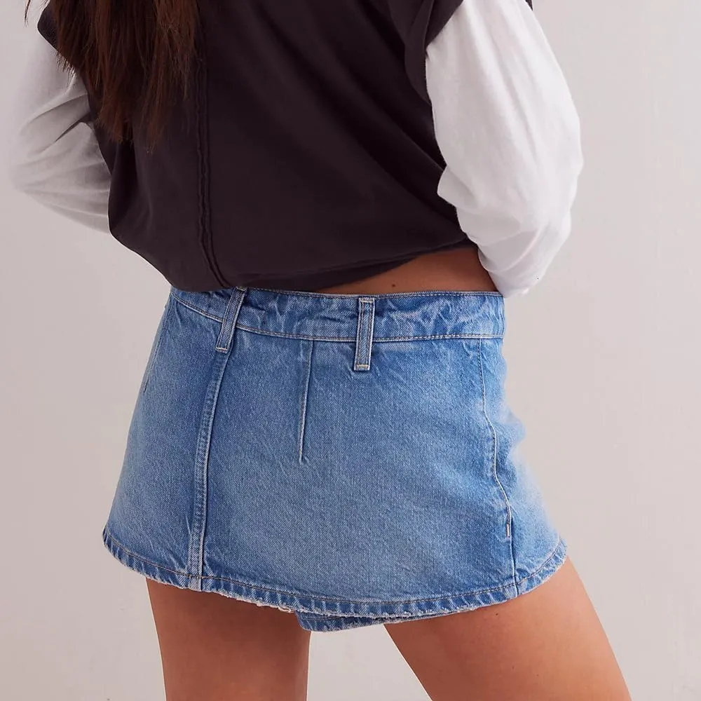 utcoco Women's 2025 Summer Casual Denim Skort Skirts Low Waisted Mini Jean Skirt Zip Fly Denim Skirt