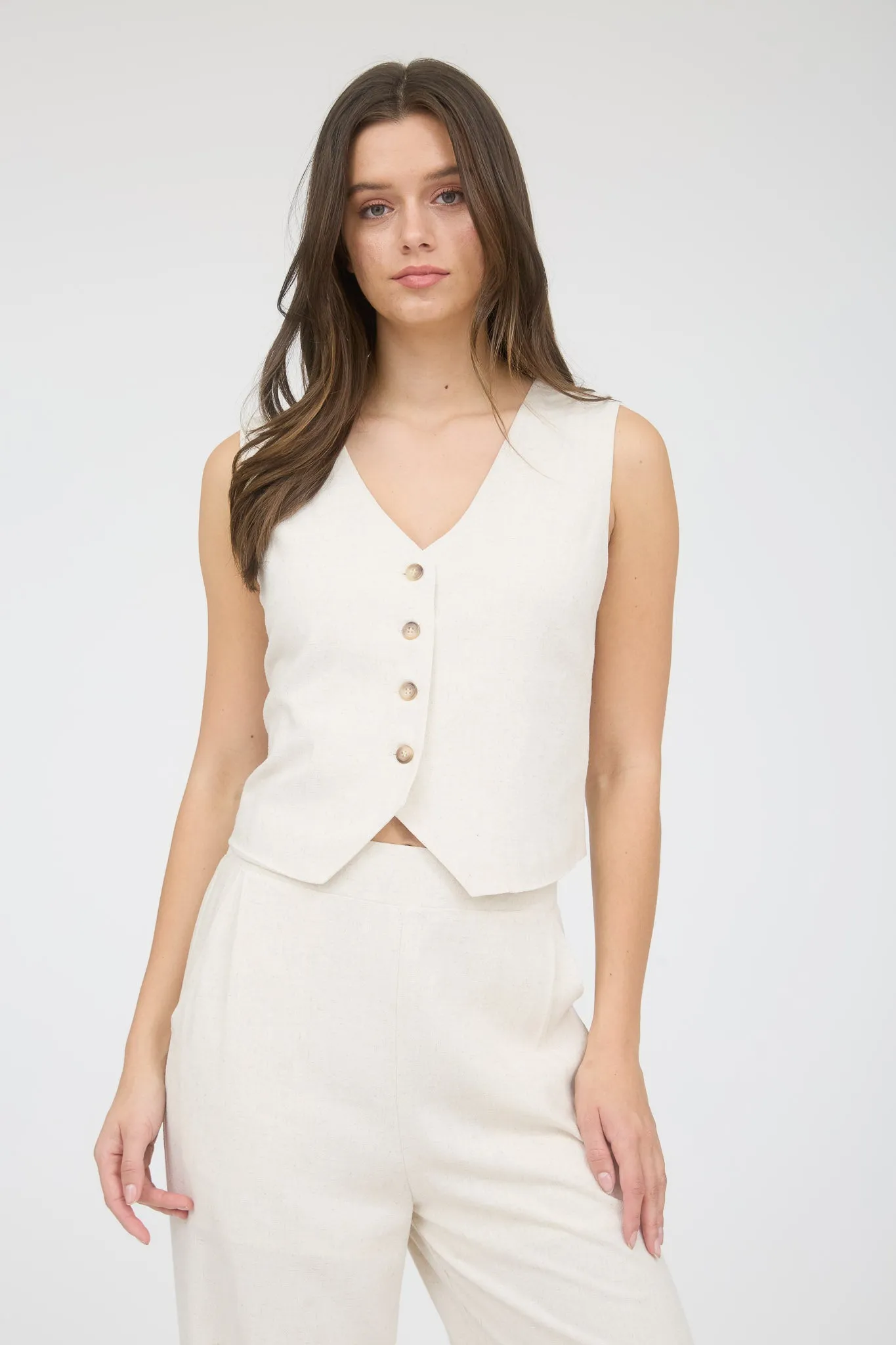 V NECK BUTTON DOWN LINEN VEST