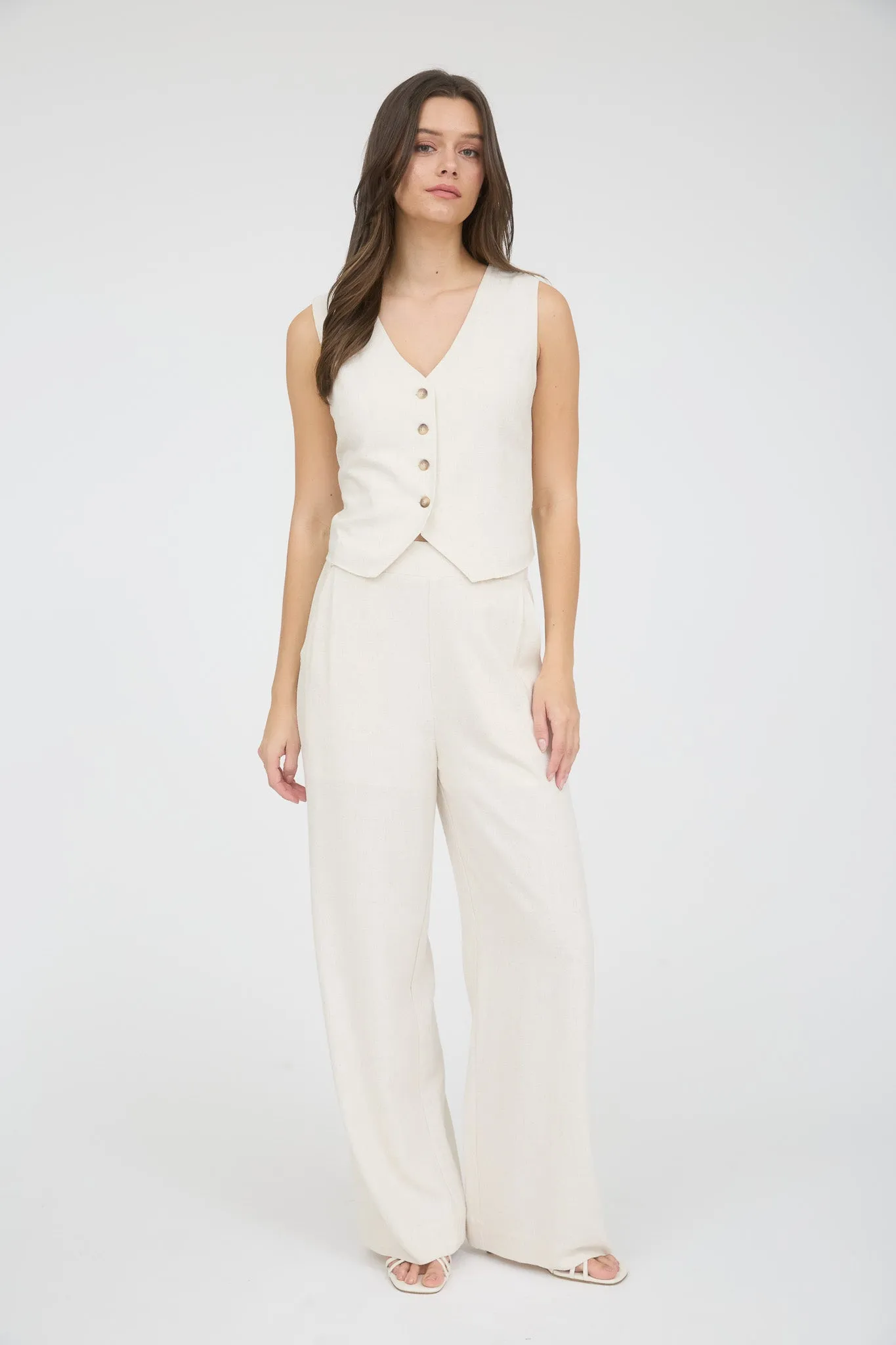 V NECK BUTTON DOWN LINEN VEST
