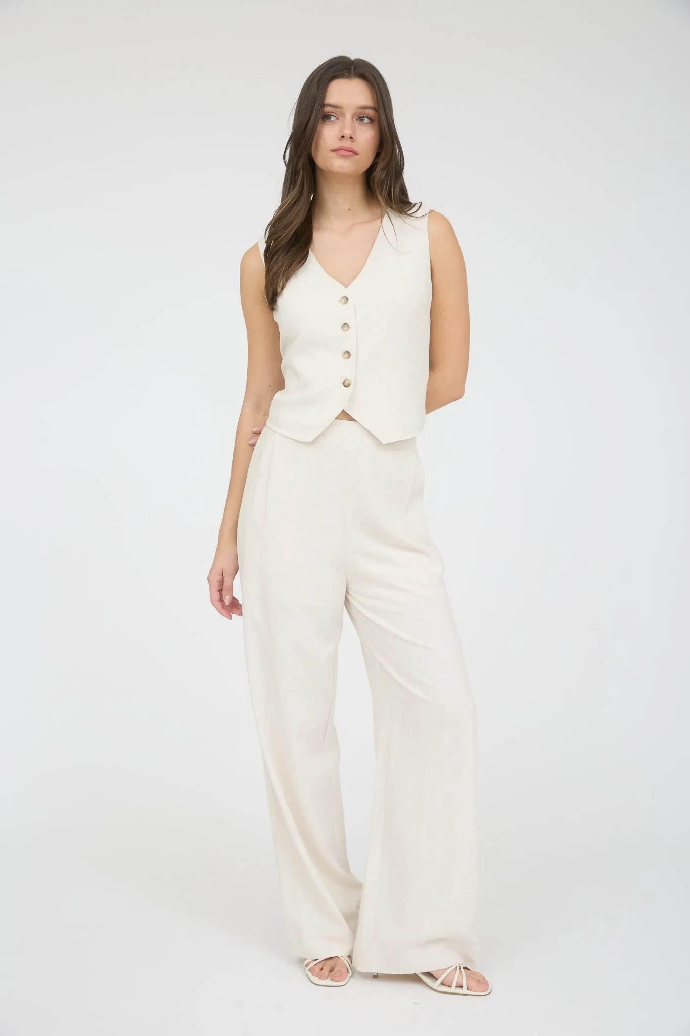 V NECK BUTTON DOWN LINEN VEST