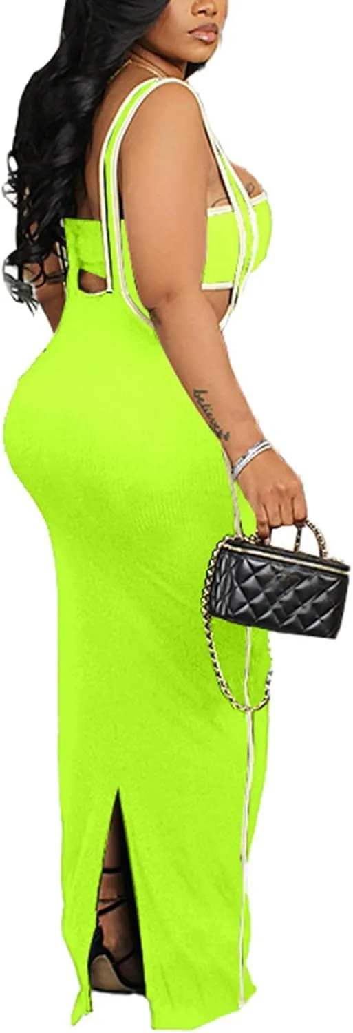 Vakkest Women's Sexy 2 Piece Outfits Colorblock Sleeveless Tube Top and Bodycon Long Straps Maxi Skirt Set Y2k Summer Dress
