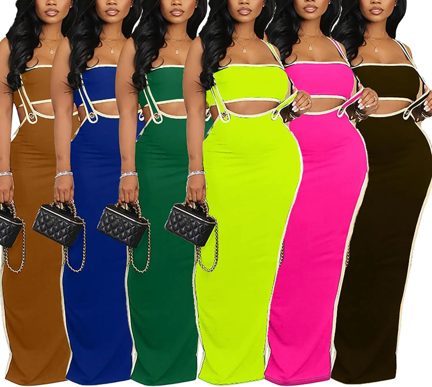 Vakkest Women's Sexy 2 Piece Outfits Colorblock Sleeveless Tube Top and Bodycon Long Straps Maxi Skirt Set Y2k Summer Dress