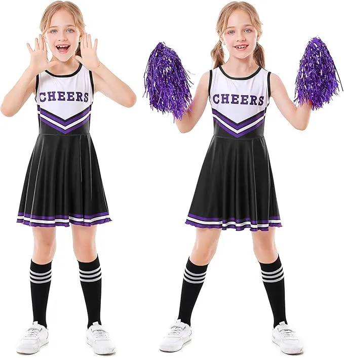 Valcatch Girls Cheerleading Uniform Outfit Halloween Cheerleader Clothes Sets with Pom pom and Tube Socks for 3-12Y