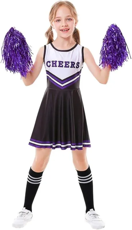 Valcatch Girls Cheerleading Uniform Outfit Halloween Cheerleader Clothes Sets with Pom pom and Tube Socks for 3-12Y