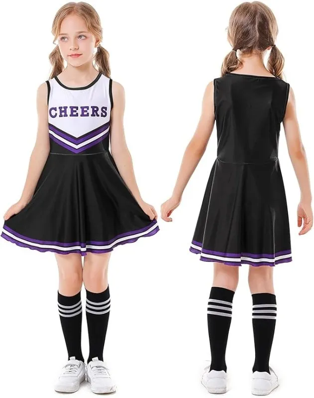 Valcatch Girls Cheerleading Uniform Outfit Halloween Cheerleader Clothes Sets with Pom pom and Tube Socks for 3-12Y