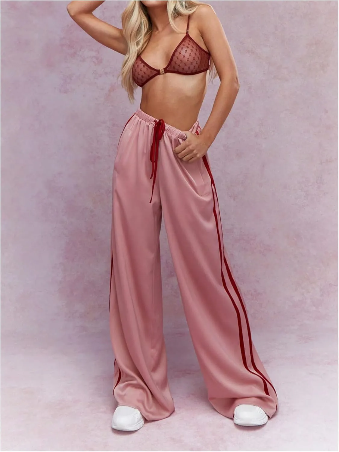 Verdusa Women's Side Striped Satin Pants Wide Leg Baggy Pants with Pockets