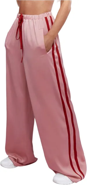 Verdusa Women's Side Striped Satin Pants Wide Leg Baggy Pants with Pockets