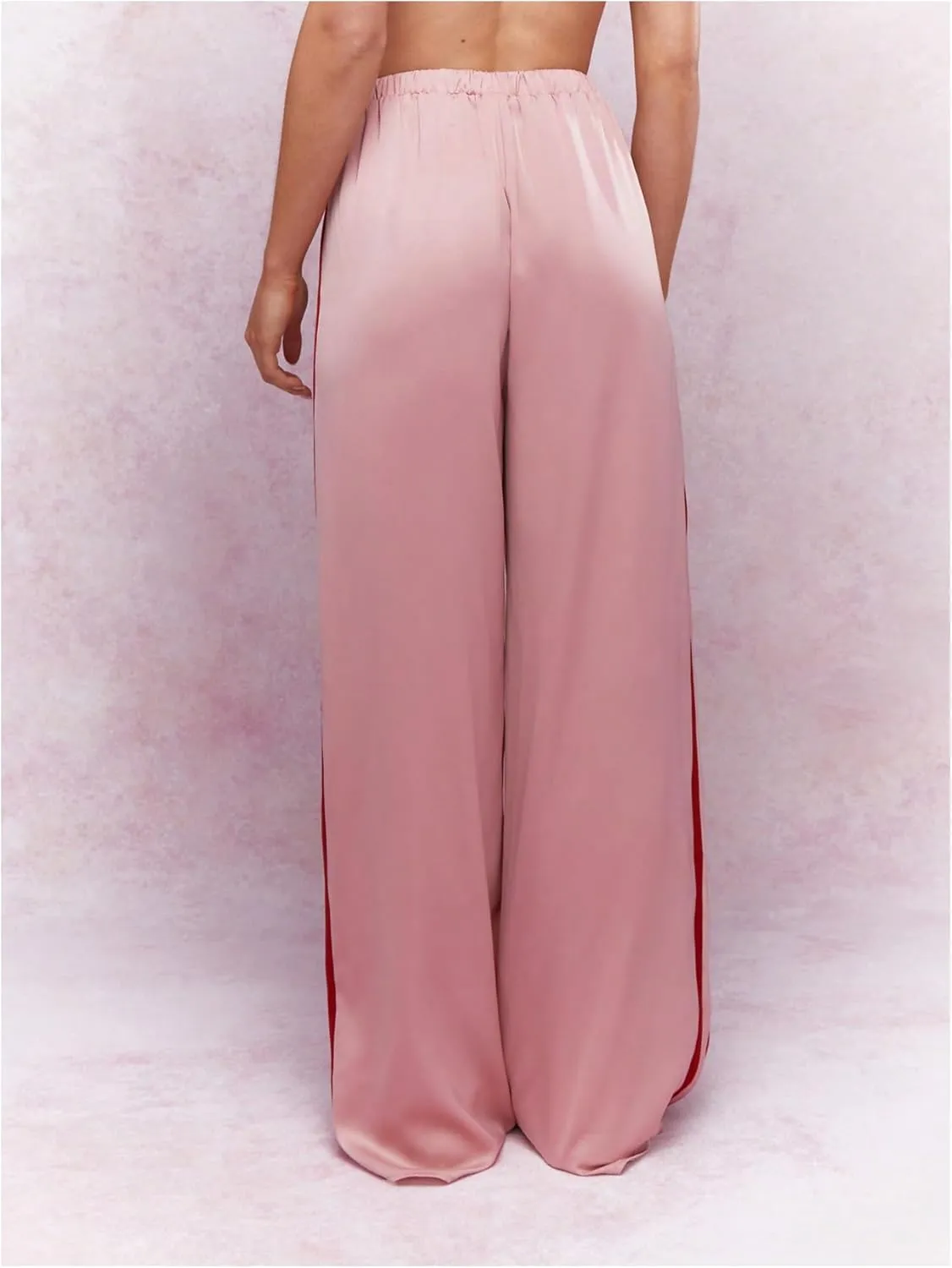 Verdusa Women's Side Striped Satin Pants Wide Leg Baggy Pants with Pockets