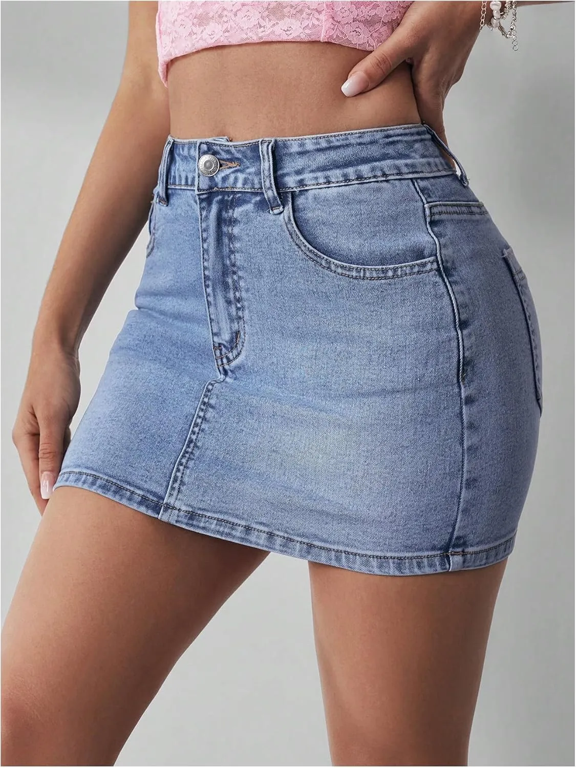 WDIRARA Women's High Waist Mini Denim Skirts Casual Bodycon Jean Skirt with Pockets