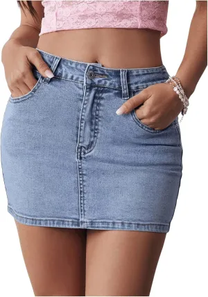 WDIRARA Women's High Waist Mini Denim Skirts Casual Bodycon Jean Skirt with Pockets