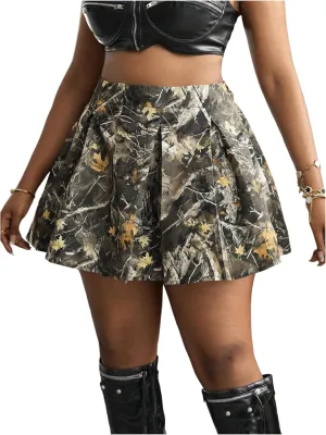 WDIRARA Women's Plus Size Camo Print Mini Skirt Elastic High Waist Pleated A Line Skirts