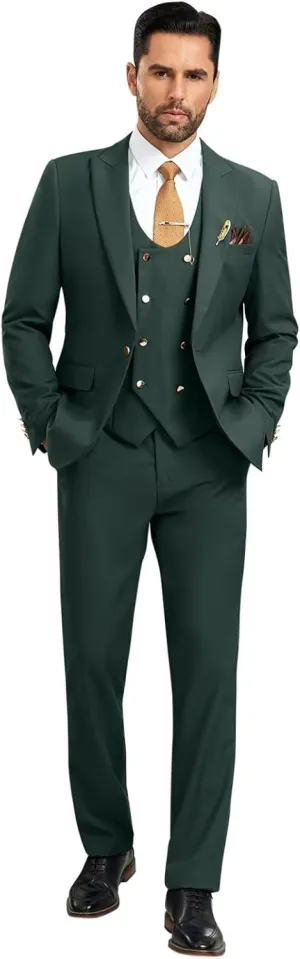 Wehilion 3 Piece Men's Suits Slim Fit Formal Bussiness Suits Double Breasted Suit for Wedding Prom Suits Blazer Vest Pants