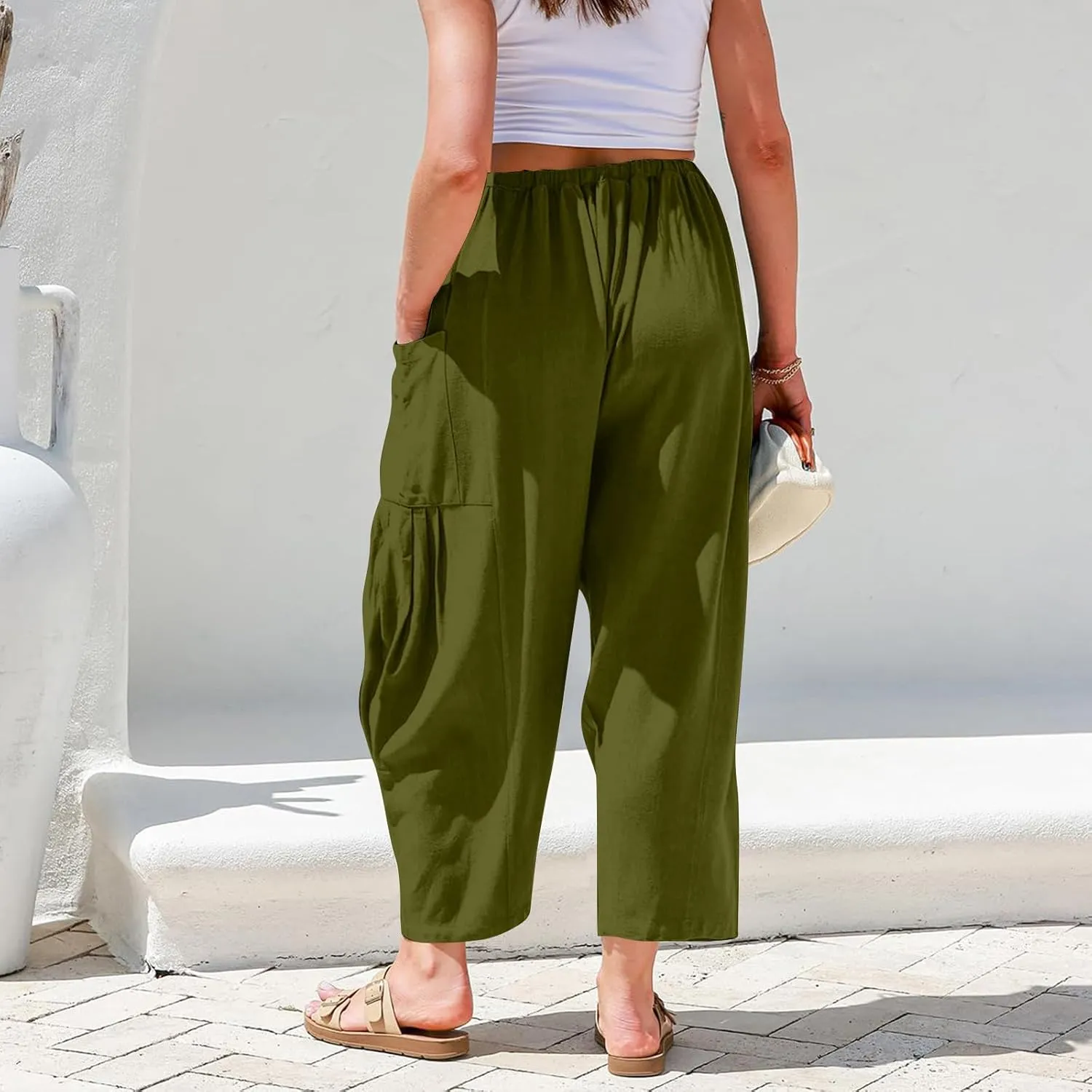 Wide Leg Cropped Pants for Women Casual Drawstring Harem Pants Baggy Lounge Cotton Blend Linen Trousers with Pockets