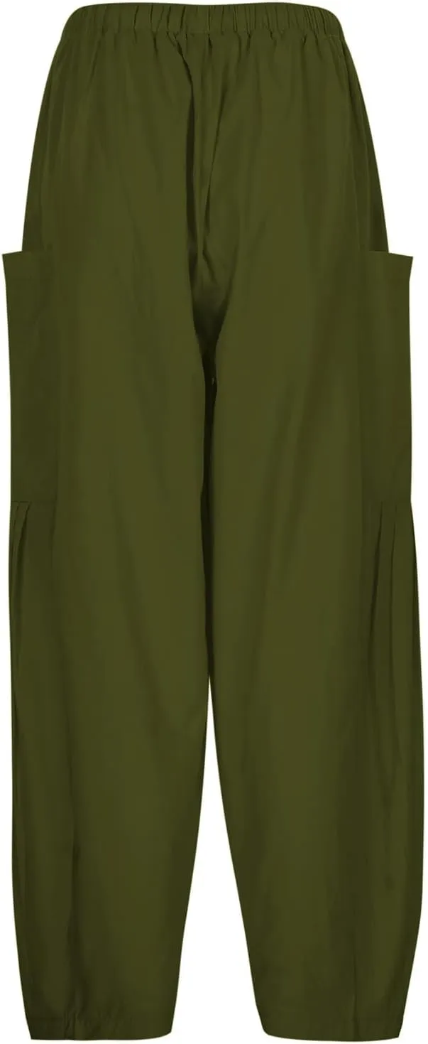 Wide Leg Cropped Pants for Women Casual Drawstring Harem Pants Baggy Lounge Cotton Blend Linen Trousers with Pockets