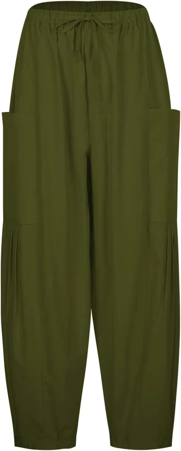 Wide Leg Cropped Pants for Women Casual Drawstring Harem Pants Baggy Lounge Cotton Blend Linen Trousers with Pockets