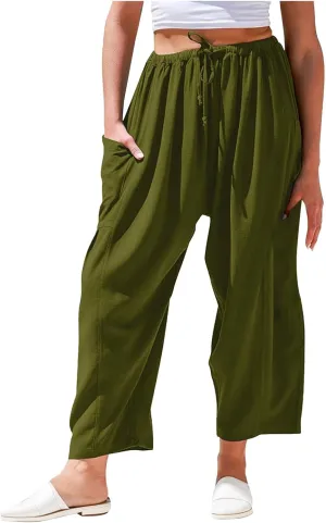 Wide Leg Cropped Pants for Women Casual Drawstring Harem Pants Baggy Lounge Cotton Blend Linen Trousers with Pockets