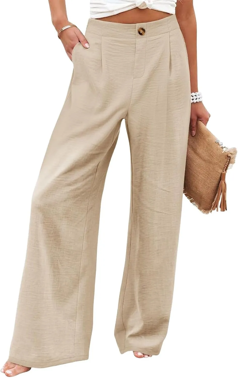 Wide Leg Dress Pants for Women High Waisted Business Casual Pants Office Button Down Slacks Pleated Work Trousers
