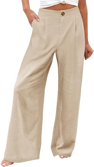 Wide Leg Dress Pants for Women High Waisted Business Casual Pants Office Button Down Slacks Pleated Work Trousers