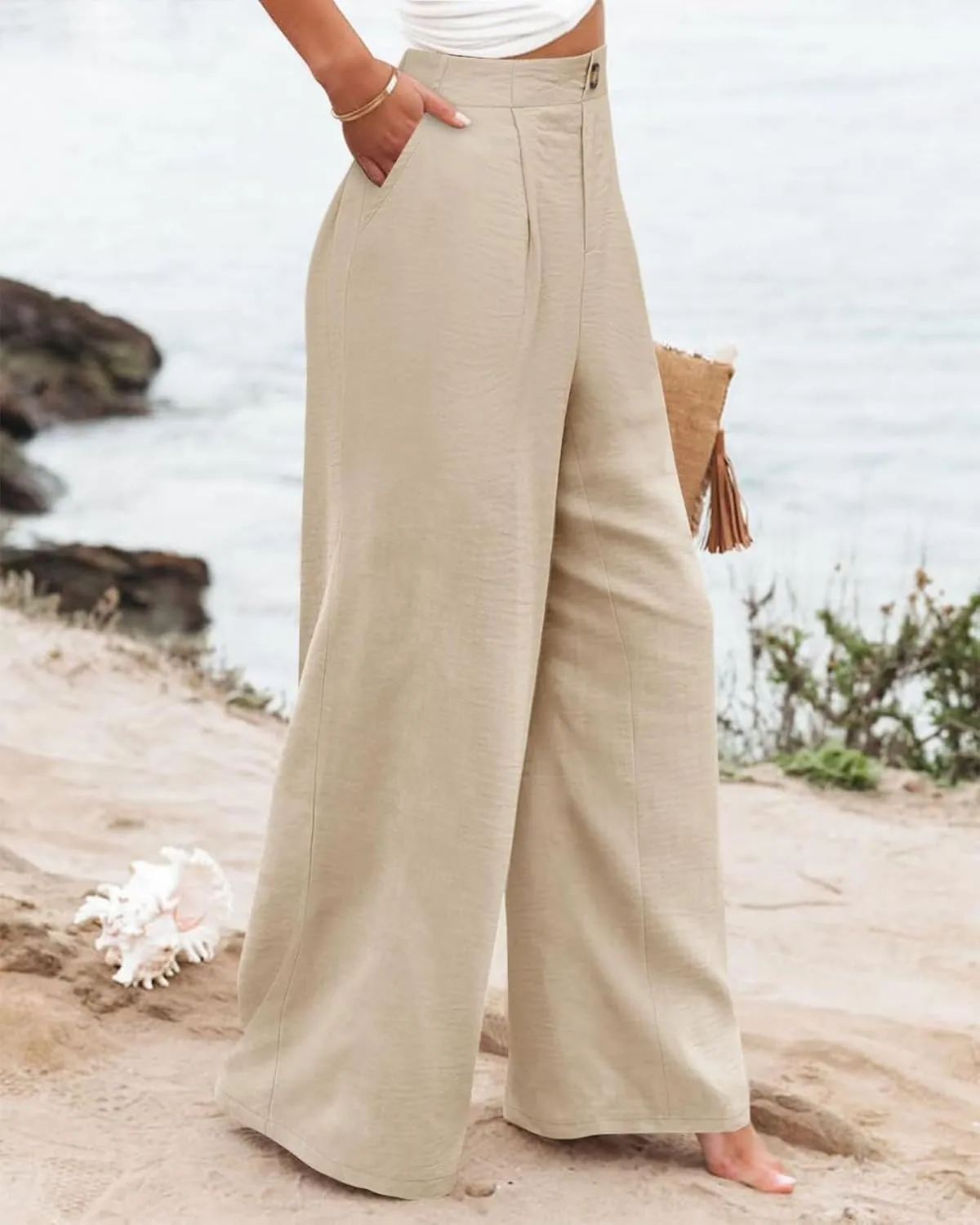 Wide Leg Dress Pants for Women High Waisted Business Casual Pants Office Button Down Slacks Pleated Work Trousers