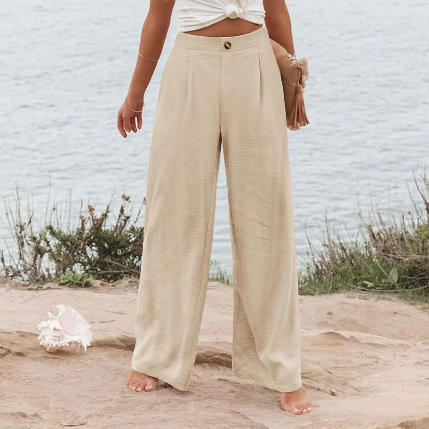 Wide Leg Dress Pants for Women High Waisted Business Casual Pants Office Button Down Slacks Pleated Work Trousers