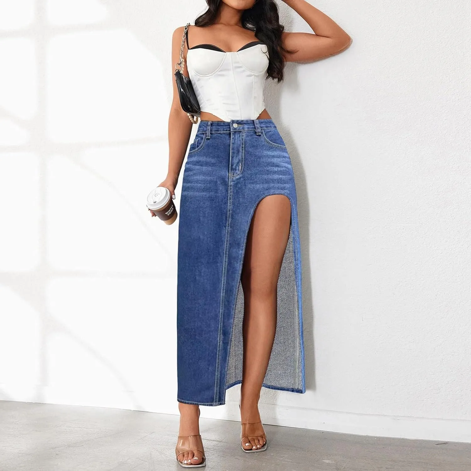 Wide Leg Jeans Woman High Waisted Casual Mom Trendy Split Thigh Maxi Denim Pants Ladies Zip Up Long Pencil Jean