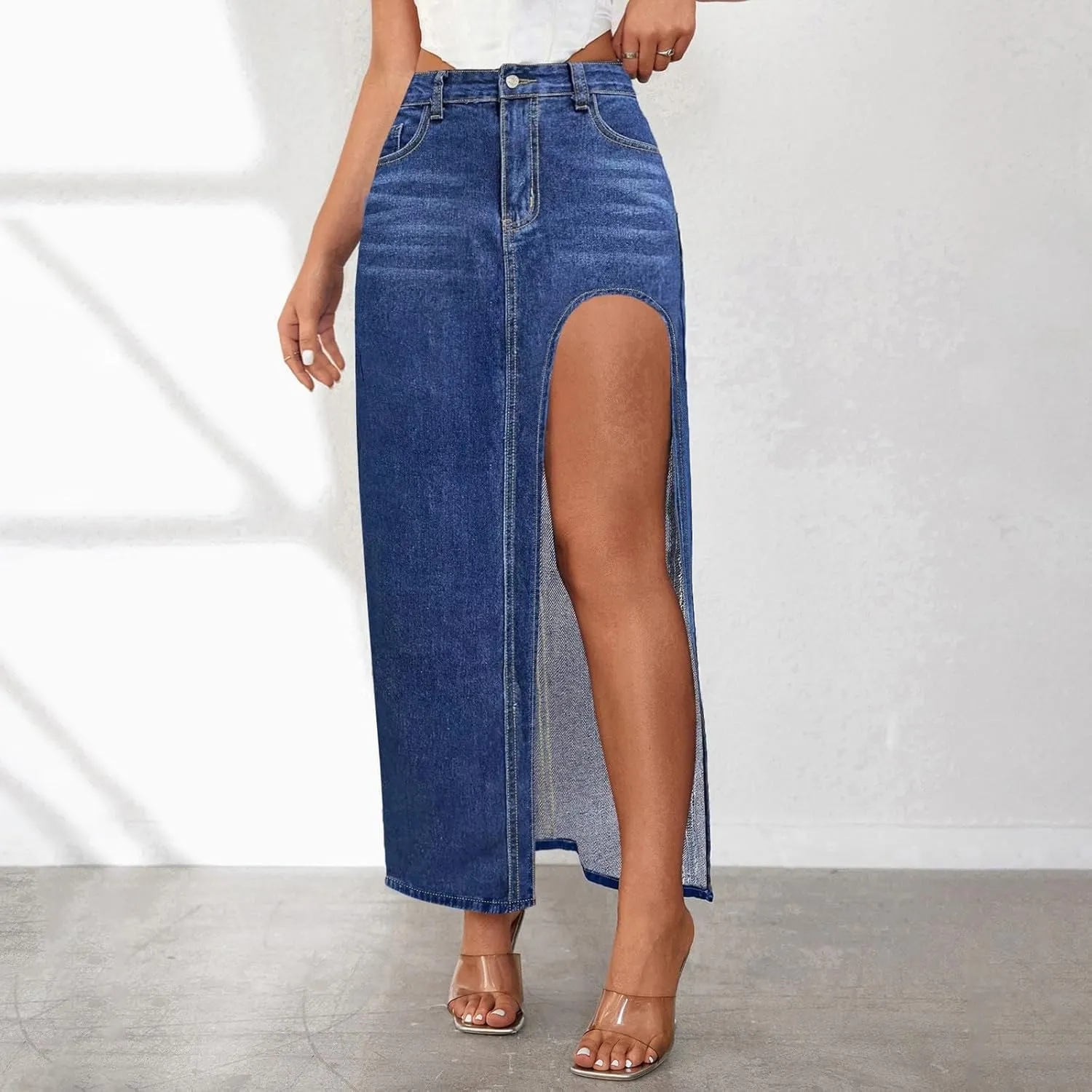 Wide Leg Jeans Woman High Waisted Casual Mom Trendy Split Thigh Maxi Denim Pants Ladies Zip Up Long Pencil Jean