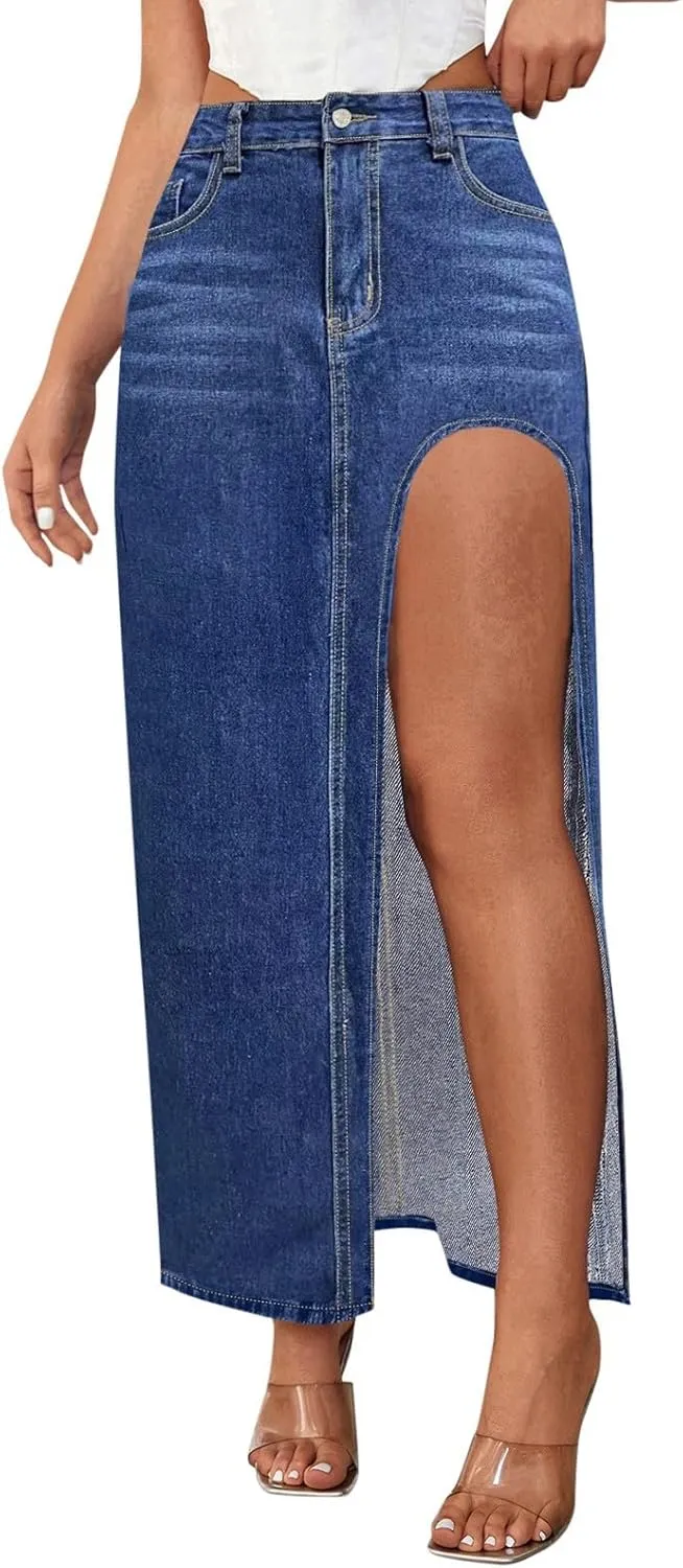 Wide Leg Jeans Woman High Waisted Casual Mom Trendy Split Thigh Maxi Denim Pants Ladies Zip Up Long Pencil Jean