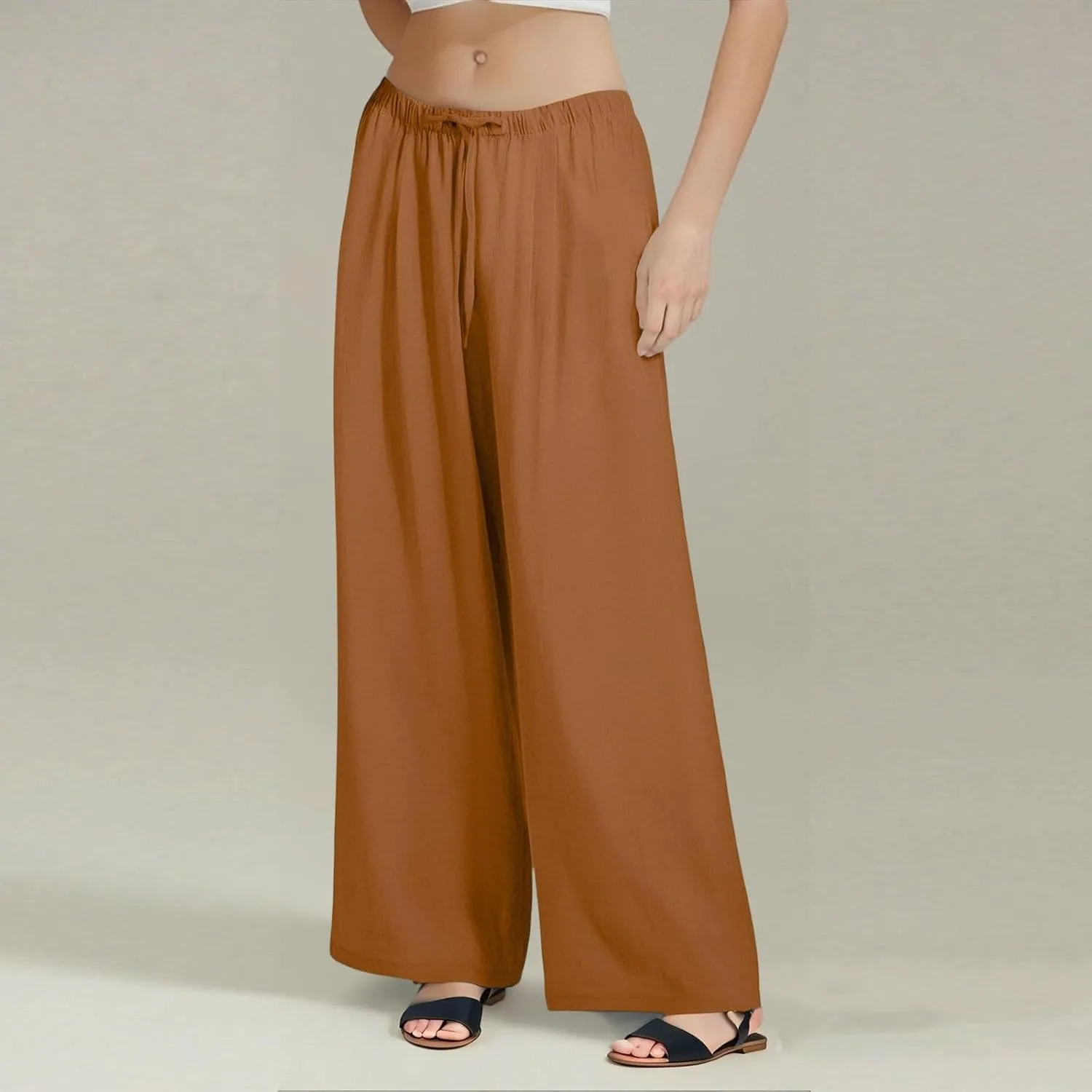 Wide Leg Linen Pants for Women Baggy Drawstring High Waisted Palazzo Pants Beach Vacation Lounge Pants with Pockets