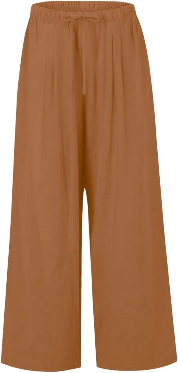 Wide Leg Linen Pants for Women Baggy Drawstring High Waisted Palazzo Pants Beach Vacation Lounge Pants with Pockets