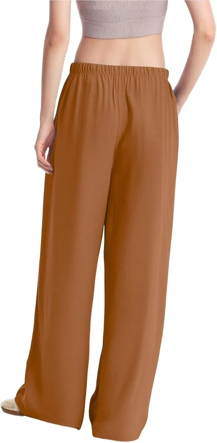 Wide Leg Linen Pants for Women Baggy Drawstring High Waisted Palazzo Pants Beach Vacation Lounge Pants with Pockets