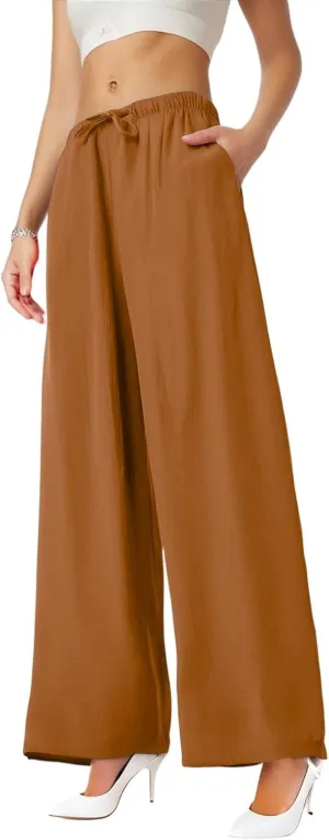 Wide Leg Linen Pants for Women Baggy Drawstring High Waisted Palazzo Pants Beach Vacation Lounge Pants with Pockets