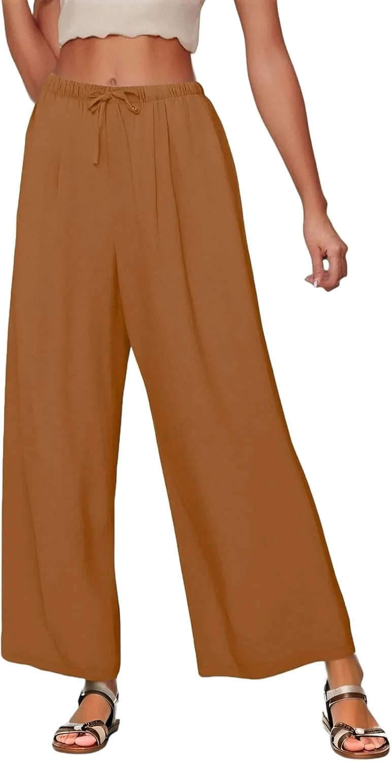 Wide Leg Linen Pants for Women Baggy Drawstring High Waisted Palazzo Pants Beach Vacation Lounge Pants with Pockets