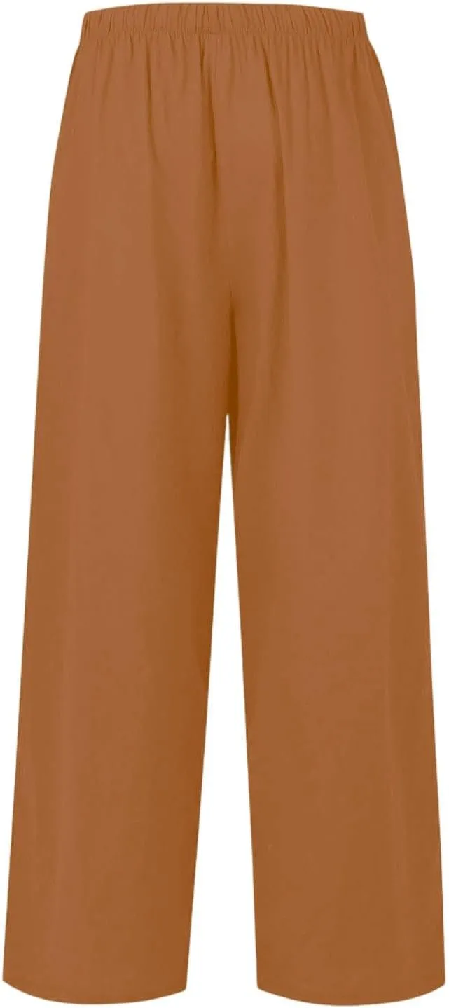 Wide Leg Linen Pants for Women Baggy Drawstring High Waisted Palazzo Pants Beach Vacation Lounge Pants with Pockets