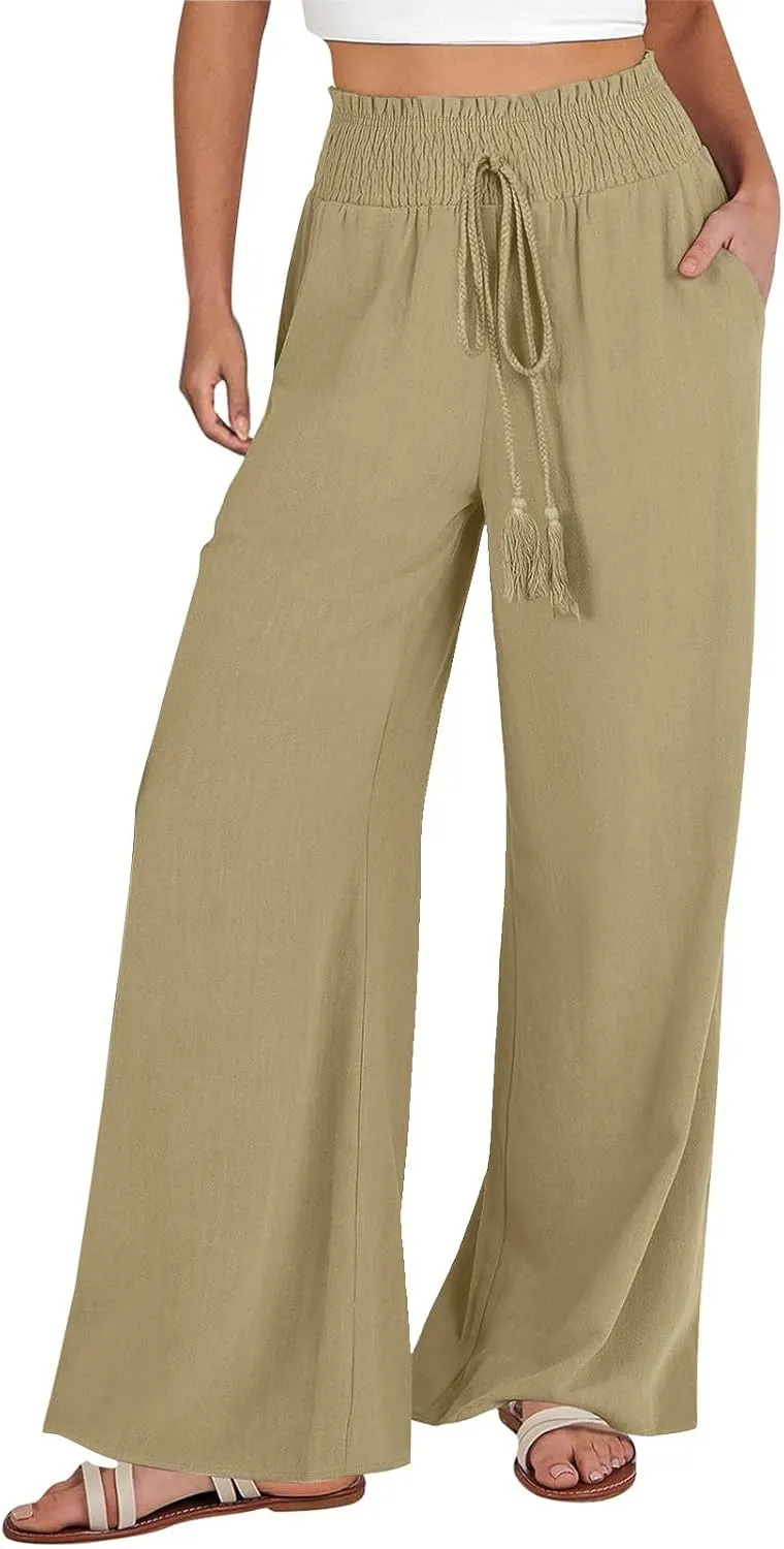 Wide Leg Linen Pants for Women Casual Drawstring Elastic High Waisted Paperbag Pants Lightweight Summer Beach Trousers