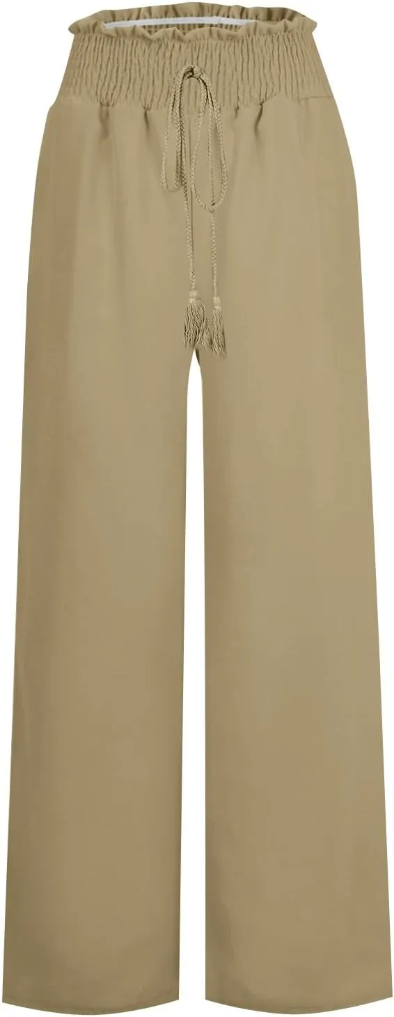 Wide Leg Linen Pants for Women Casual Drawstring Elastic High Waisted Paperbag Pants Lightweight Summer Beach Trousers
