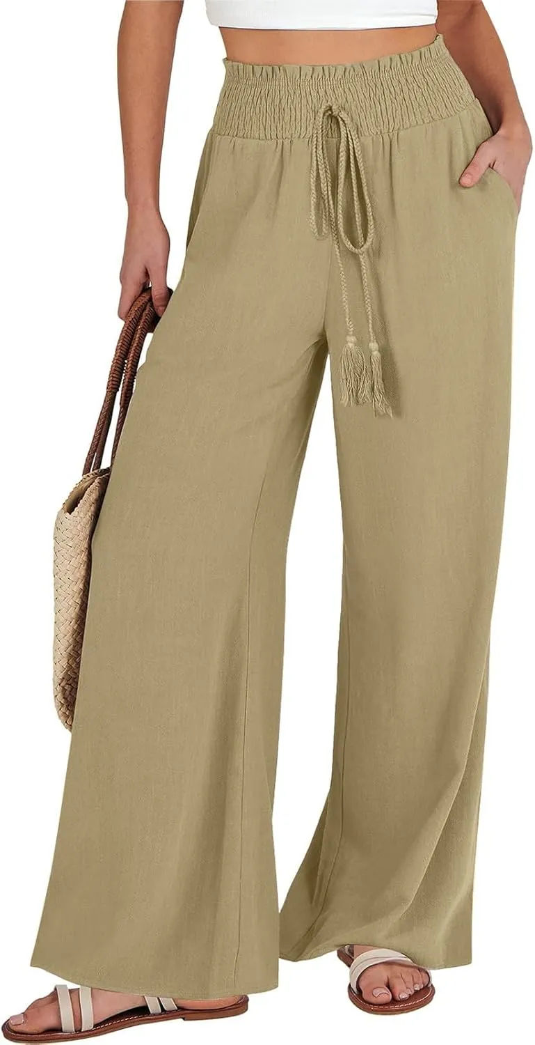 Wide Leg Linen Pants for Women Casual Drawstring Elastic High Waisted Paperbag Pants Lightweight Summer Beach Trousers