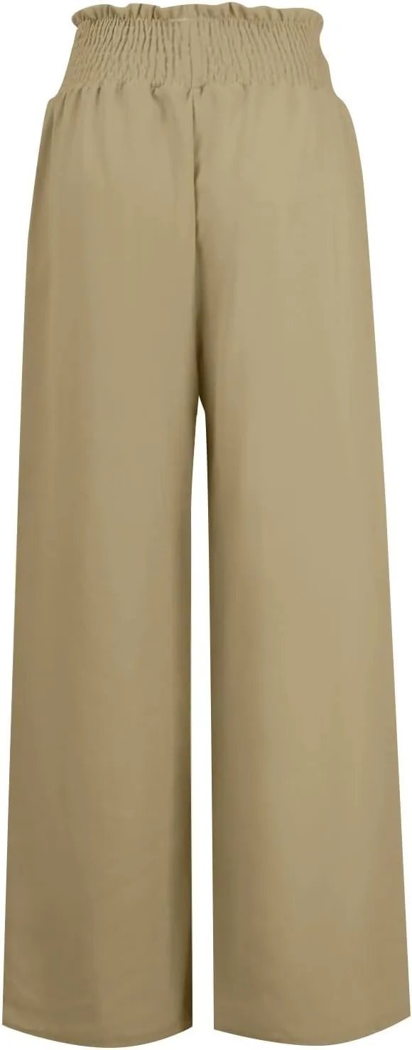 Wide Leg Linen Pants for Women Casual Drawstring Elastic High Waisted Paperbag Pants Lightweight Summer Beach Trousers
