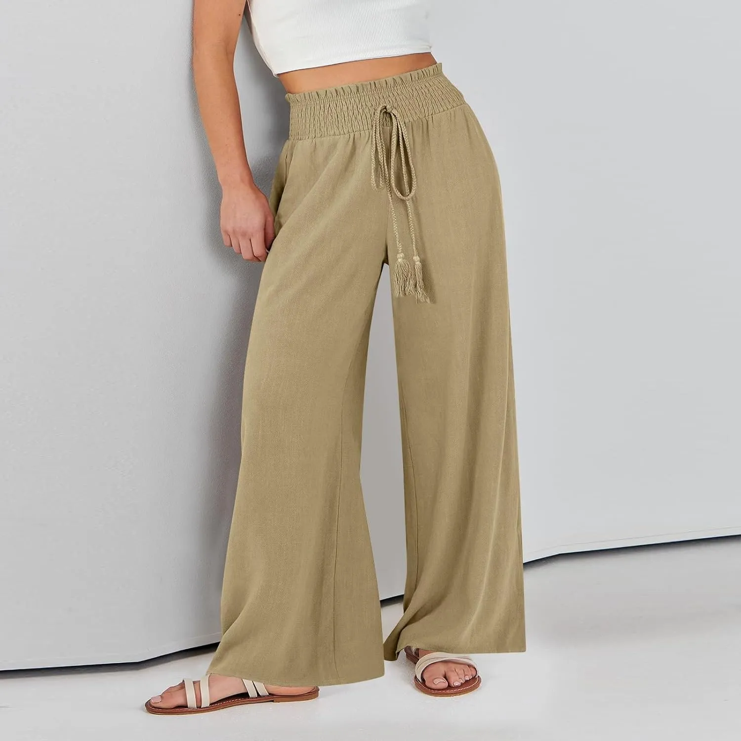 Wide Leg Linen Pants for Women Casual Drawstring Elastic High Waisted Paperbag Pants Lightweight Summer Beach Trousers