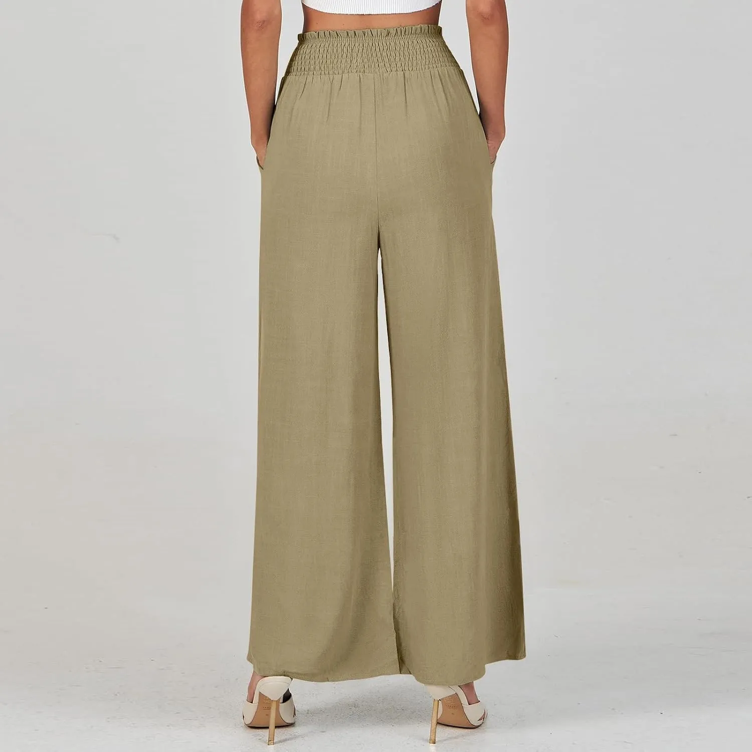 Wide Leg Linen Pants for Women Casual Drawstring Elastic High Waisted Paperbag Pants Lightweight Summer Beach Trousers