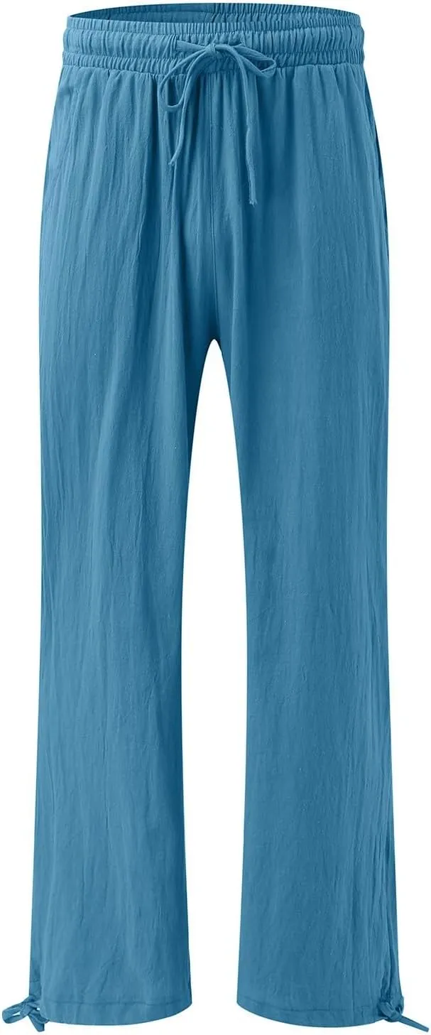 Wide Leg Linen Pants for Women Casual High Waisted Palazzo Pants Lightweight Summer Flowy Beach Trousers with Pockets