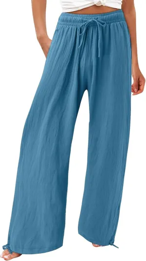 Wide Leg Linen Pants for Women Casual High Waisted Palazzo Pants Lightweight Summer Flowy Beach Trousers with Pockets