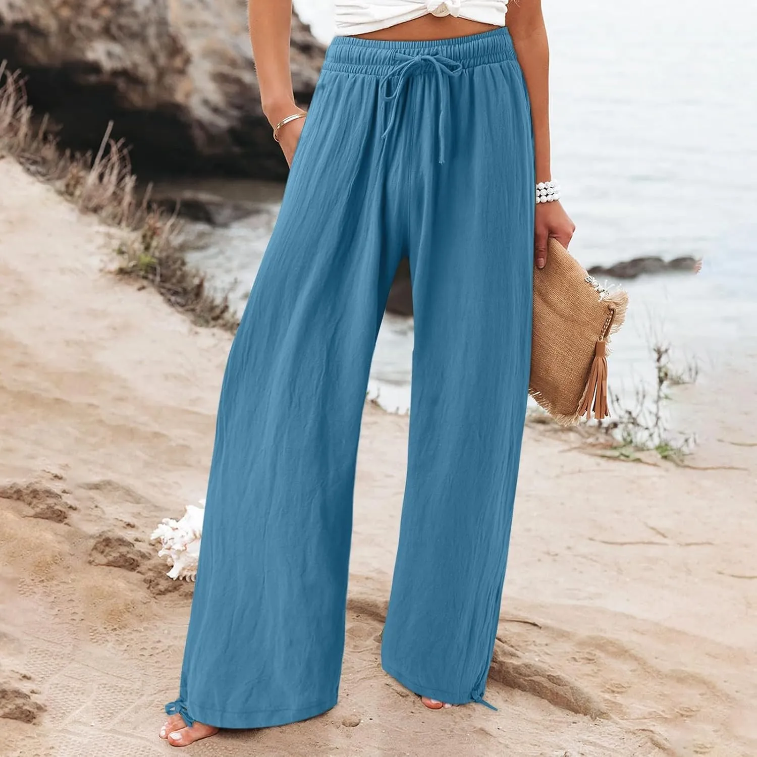 Wide Leg Linen Pants for Women Casual High Waisted Palazzo Pants Lightweight Summer Flowy Beach Trousers with Pockets