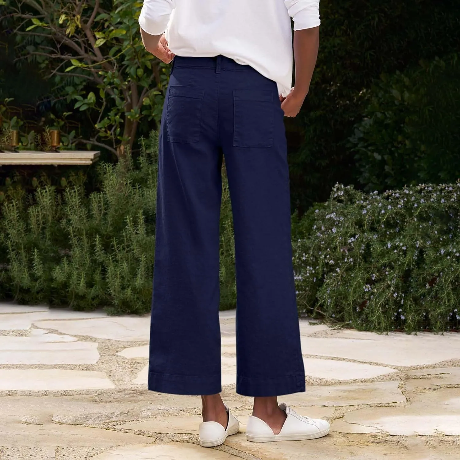 Wide Leg Linen Pants for Women High Waisted Cropped Capri Pants Summer Business Casual Trousers with Pockets