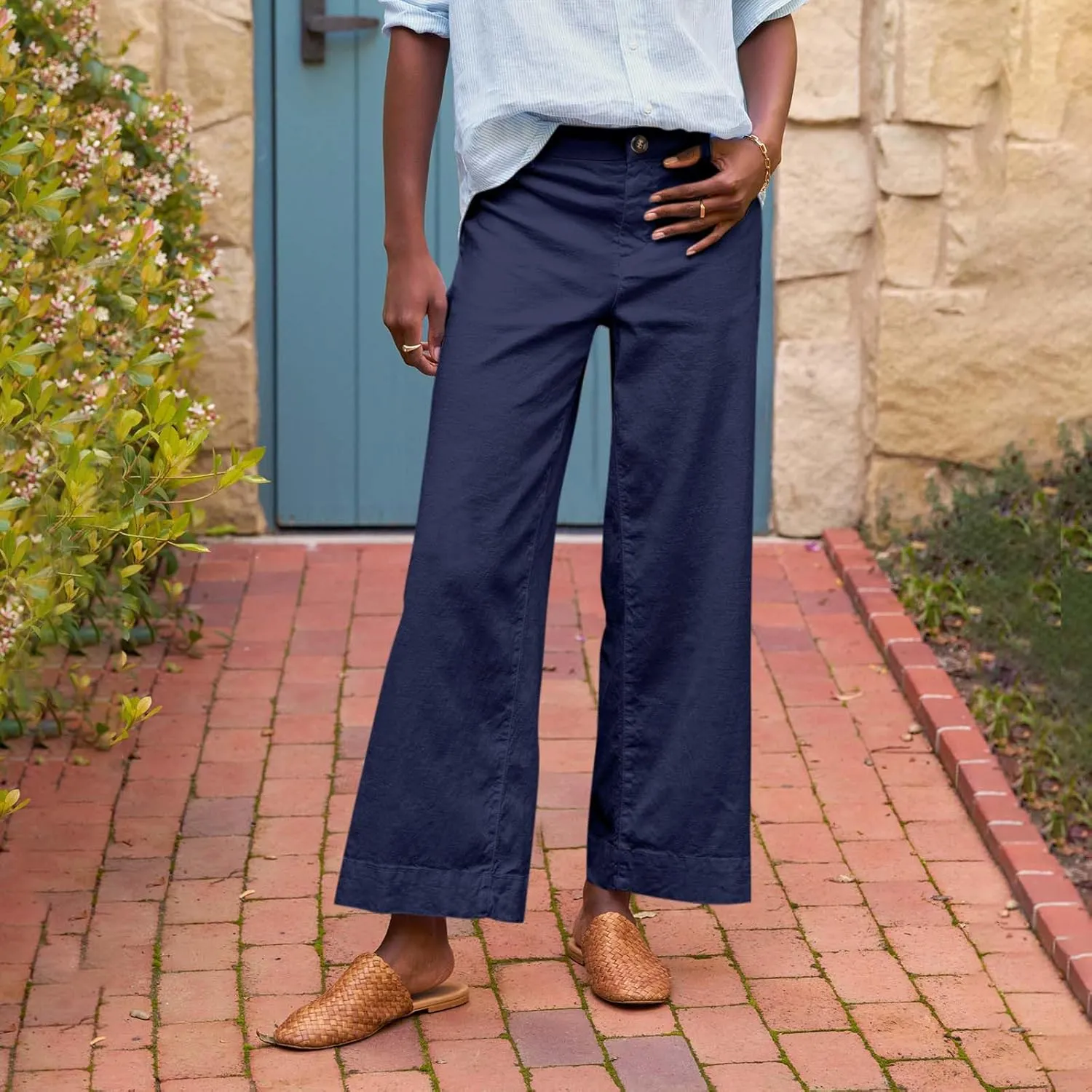 Wide Leg Linen Pants for Women High Waisted Cropped Capri Pants Summer Business Casual Trousers with Pockets