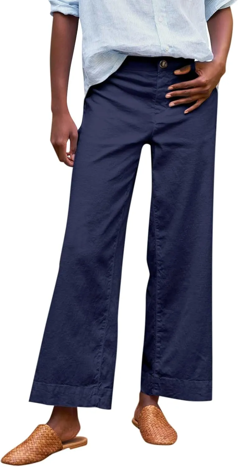 Wide Leg Linen Pants for Women High Waisted Cropped Capri Pants Summer Business Casual Trousers with Pockets