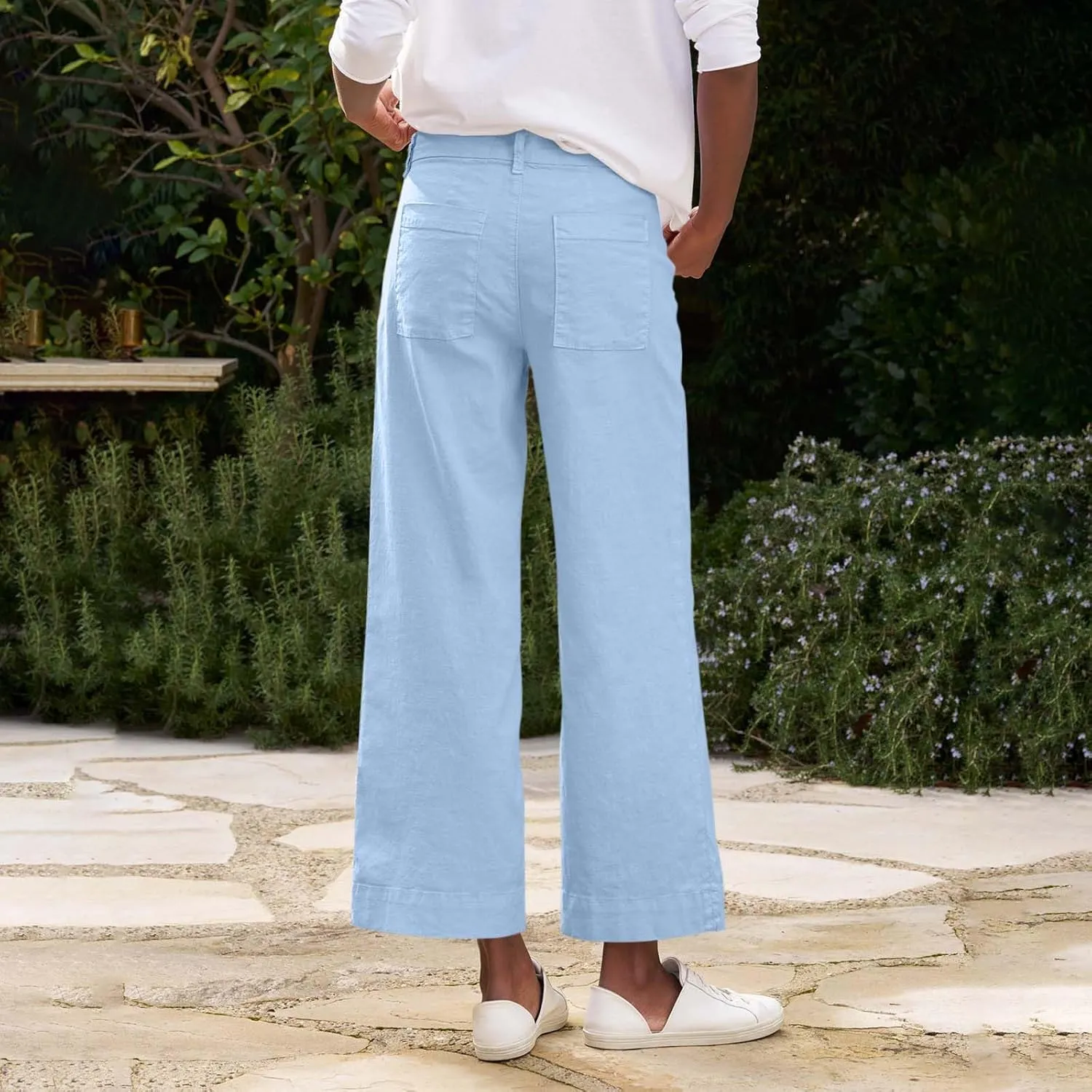 Wide Leg Linen Pants Women Cropped Elastic High Waisted Dress Pants Business Casual Comfy Work Pants with Pockets
