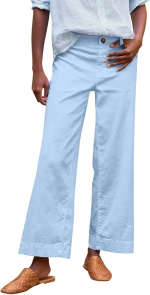 Wide Leg Linen Pants Women Cropped Elastic High Waisted Dress Pants Business Casual Comfy Work Pants with Pockets