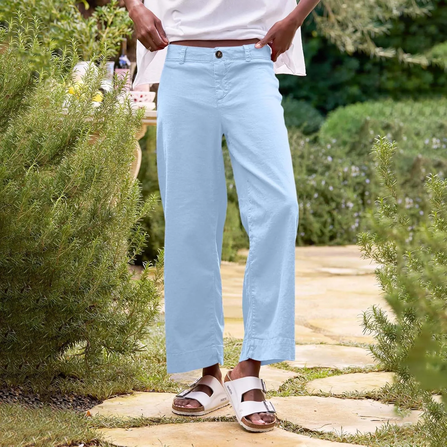 Wide Leg Linen Pants Women Cropped Elastic High Waisted Dress Pants Business Casual Comfy Work Pants with Pockets