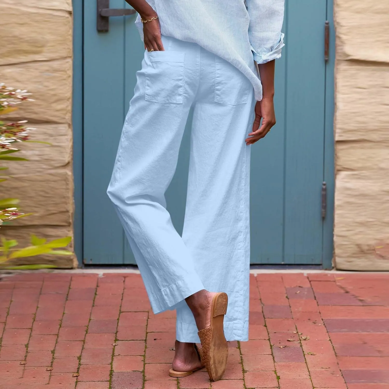 Wide Leg Linen Pants Women Cropped Elastic High Waisted Dress Pants Business Casual Comfy Work Pants with Pockets