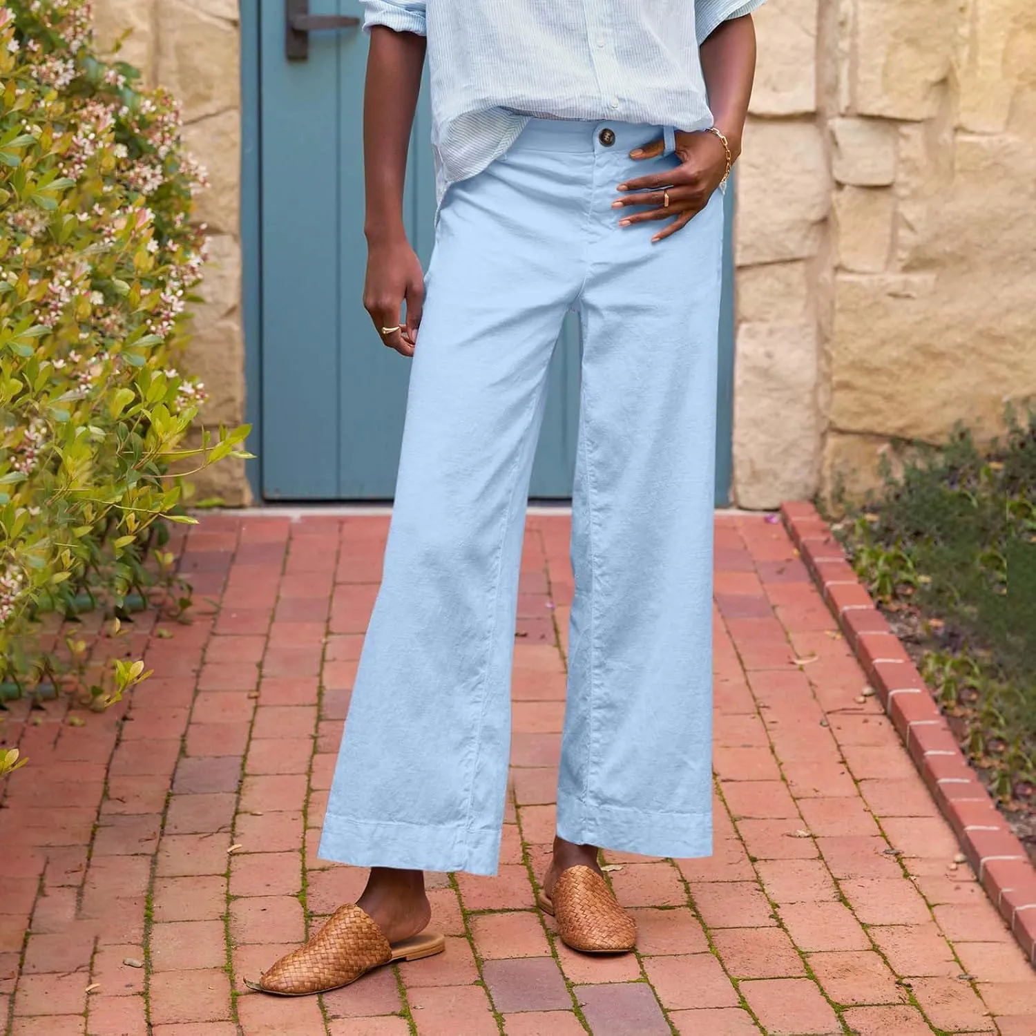 Wide Leg Linen Pants Women Cropped Elastic High Waisted Dress Pants Business Casual Comfy Work Pants with Pockets